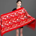Elegant large red winter shawl with intricate white floral embroidery and fringe - Embroidered Snowdrop Flower - Crimson / 70-200cm