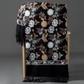 Elegant black winter shawl with exquisite floral embroidery and fringe detail - Embroidered Snowdrop Flower - Black / 70-200cm