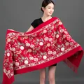 Elegant red winter shawl with floral embroidery and tassel details for women. - Embroidered Snowdrop Flower - Jujube Red / 70-200cm