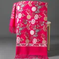Handmade floral embroidered winter scarf in vibrant magenta with elegant fringed edges - Embroidered Snowdrop Flower - Rose Red / 70-200cm
