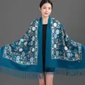 Elegant teal blue embroidered floral shawl with fringe tassels for winter - Embroidered Snowdrop Flower - Haze Blue / 70-200cm