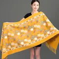 Premium yellow winter shawl featuring elegant handmade floral embroidery and classic fringe - Embroidered Snowdrop Flower - Turmeric / 70-200cm