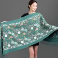 Elegant teal green winter shawl with intricate floral embroidery and tassel fringe - Snowdrop Flower - Bean Green / 70-200cm