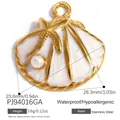 Gold-plated stainless steel sea shell pendant with starfish and white pearl accent - White Enamel Starfish Shell Artificial Pearl Pendant (PJ94016GA) / 26.3x23.8mm / Gold