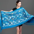 Blue winter shawl with hand-embroidered floral patterns and delicate fringe details - Embroidered Snow Bead Flower - Kong Lan / 70-200cm