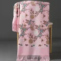 Pink winter scarf with elegant floral embroidery and tassel details for women. - Embroidered Snowdrop Flower - Pink / 70-200cm