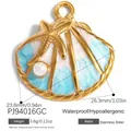 Gold and blue stainless steel seashell pendant with starfish and pearl detail. - Blue Enamel Starfish Shell Artificial Pearl Pendant (PJ94016GC) / 26.3x23.8mm / Gold