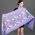 Elegant purple pashmina shawl featuring intricate floral embroidery with classic fringe detail - Embroidered Snowdrop Flower - Light Purple / 70-200cm