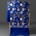 Elegant royal blue winter scarf with exquisite white and gold floral embroidery details - Embroidered Snowdrop Flower - Royal Blue / 70-200cm