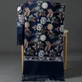 Elegant navy blue shawl with delicate floral embroidery and decorative tassels - Embroidered Snowdrop Flower - Navy Blue / 70-200cm
