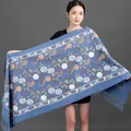 Elegant blue shawl scarf with hand-embroidered floral pattern and decorative fringes - Embroidered Snowflakes - Denim Blue / 70-200cm
