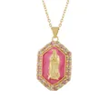Primo piano del ciondolo a rilievo della Vergine Maria dorata con smalto rosa e cristalli. - Ciondolo Solo (Senza Catena)(1870) / 04