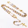 Detailed macro view of tri-color stainless steel rosary beads with a cross pendant - Virgin Mary Medal (#3) / 4MM Bead Diameter / Three Colors