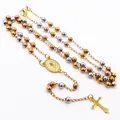 Detail of tri-color stainless steel rosary necklace with cross and medallion - Saint Benedict Medal (Old Man) (#2) / 4MM Bead Diameter / Three Colors