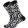 Vue détaillée de chaussettes mi-hautes avec un motif géométrique labyrinthique noir et blanc - Taille 38-45 / Maze Pattern Style / Géométrique Noir Blanc