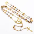 Detail view of tricolor stainless steel bead necklace with heart and cross pendants - Virgin Mary Medal (Heart Shape) (#6) / 4MM Bead Diameter / Three Colors