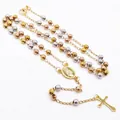 Close-up detail of tricolor stainless steel bead necklace with cross and Mary pendant - Virgin Mary Medal (Elderly Style) (#4) / 4MM Bead Diameter / Three Colors