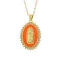 Detailed macro shot of vintage gold Virgin Mary pendant with orange enamel and stones. - Pendant Only (Without Chain)(1870) / 12