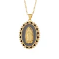 Detailed view of a gold Our Lady of Guadalupe relief pendant with black and white crystals - Pendant Only (Without Chain)(1870) / 13