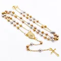 Close-up of a tri-color stainless steel rosary necklace featuring a cross and religious medal - Virgin Mary Medal (Tortoise Shape) (#1) / 4MM Bead Diameter / Three Colors