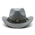 Close-up of grey wool cowboy hat with colorful ethnic band and turquoise stone detail - One Size 58cm / Tassel Decor / Gray