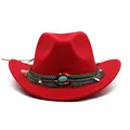 Vibrant red felt cowboy hat featuring an ethnic woven band with beads and turquoise stone - One Size 58cm / Tassel Decor / Red