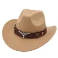 Classic tan felt cowboy hat featuring a brown band with a silver longhorn skull ornament - Adult M (56-58cm) / Camel