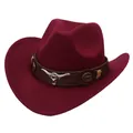 Classic vintage burgundy felt cowboy hat with bull head ornament and brown leather band. - Adult M (56-58cm) / Burgundy