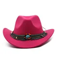 Fuchsia felt cowboy hat featuring an ethnic style beaded band with turquoise stone - One Size 58cm / Tassel Decor / Rose Red