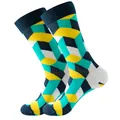 Chaussettes mi-hautes à motif de cubes 3D géométriques en bleu sarcelle, jaune et noir - Taille 38-45 / 3D Geometric Cube Style / Trapèzes Vert Jaune