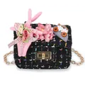 Cute black tweed mini crossbody bag with pink rabbit and fabric flower decorations - Black 1