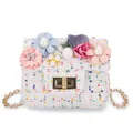 Niedliche Kinder Tweed Umhängetasche mit bunten Kunstblumen und goldener Kettenriemen - Beige 2