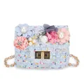 Cute light blue tweed crossbody bag for kids with floral and pearl decorations on the front - Blue 2