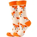 Cute cartoon fox pattern mid-calf crew socks for men and women with orange heel and toe - Sizes 36 To 43 / Khaki Fox