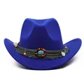 Vibrant royal blue felt cowboy hat featuring an ethnic woven band and turquoise stone. - One Size 58cm / Tassel Decor / Sapphire Blue