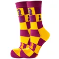 Vibrant purple and yellow checkered crew socks with a creative chess piece pattern - Sizes 36 To 43 / Purple Chess