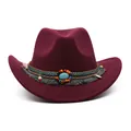 Western style burgundy wool cowboy hat featuring an ethnic beaded turquoise trim band - One Size 58cm / Tassel Decor / Burgundy