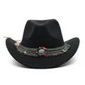 Black Western felt cowboy hat with colorful ethnic band and turquoise bead detail - One Size 58cm / Tassel Decor / Black