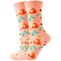 Soft peach-colored crew socks featuring a cute repeating cartoon fox and leaf pattern - Sizes 36 To 43 / Orange Fox