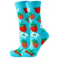 Vibrant blue mid-tube socks featuring a cute strawberry and white flower pattern - Sizes 36 To 43 / Blue Strawberry