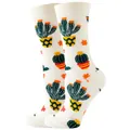 White crew socks featuring cute cartoon cactus and orange fruit patterns. - Sizes 36 To 43 / White Cactus