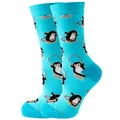 Comfortable sky blue crew socks featuring cute cartoon penguin athletic patterns - Sizes 36 To 43 / Jumping Rope Penguin