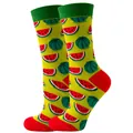 Fun and vibrant watermelon pattern crew socks with green cuffs and red heels for women. - Sizes 36 To 43 / Green Watermelon