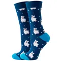 Navy blue and cyan crew socks featuring cute white alpaca and star patterns for winter - Sizes 36 To 43 / Navy Alpaca