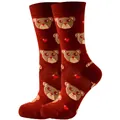 Cozy wine red crew socks with cute brown bear face and red heart patterns for winter - Sizes 36 To 43 / Heart Bear