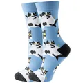 Funny chubby black and white cat pattern cotton crew socks in light blue and grey - Sizes 36 To 43 / Posing Cat