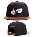 Dark blue denim snapback hat featuring brown suede brim and unique embroidery detail - Style-30 / Adjustable