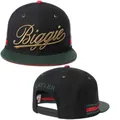 Black snapback hat with gold Biggie embroidery and classic green-red stripe detail - Style-33 / Adjustable