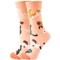 Peach-colored crew socks featuring cute cartoon cat illustrations and floral patterns - Sizes 36 To 43 / Cat Chasing Butterfly