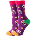 Vibrant purple crew socks featuring colorful sugar skull and floral holiday patterns - Sizes 36 To 43 / Dark Purple Skull
